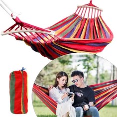 Hamac dublu cu tija din lemn, 150 x 200 cm, capacitate maxima 200 kg, 330g/mp, multicolor