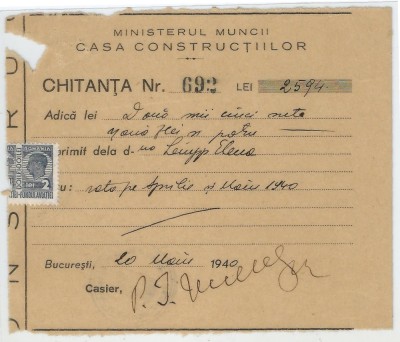 Romania, Ministerul Muncii, Casa Constructiilor, Chitanta, Bucuresti, 1940 foto