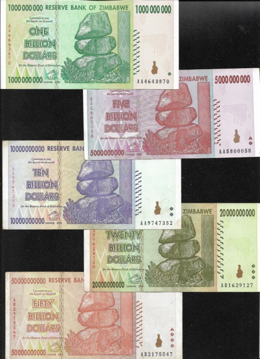 Rar! Set Zimbabwe 1 + 5 + 10 + 20 + 50 miliarde dolari dollars 2008