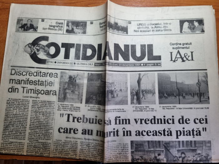 ziarul cotidianul 23 decembrie 1991-2 ani de la revolutie