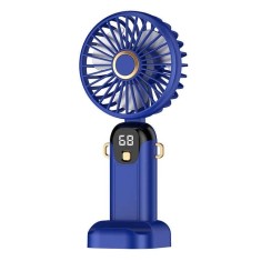 Ventilator de mana, cu suport pentru telefon si afisaj, din ABS, incarcare USB, pliabil, 3 trepte de viteza, albastru