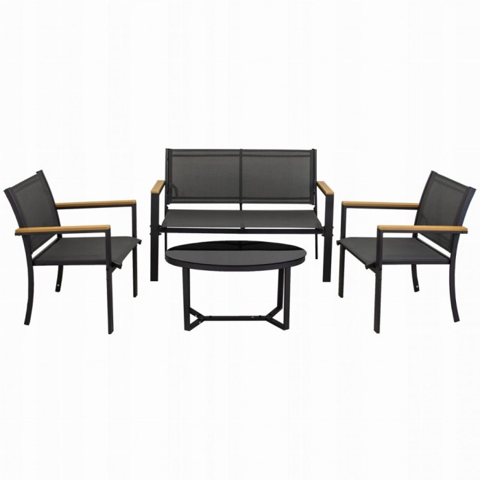 Set mobilier gradina/terasa, negru si natur, 1 masa, 2 scaune, 1 canapea, Imala