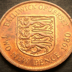 Moneda exotica 2 NEW PENCE - JERSEY, anul 1980 * cod 604 = luciu de batere