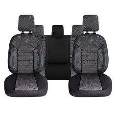 Set Huse Scaune Auto pentru Skoda Scala - Panda Belek, material textil cu piele ecologica, cu fermoare pentru bancheta rabatabila, gri inchis cu negru