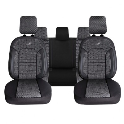 Set Huse Scaune Auto pentru Ssangyong Rexton - Panda Belek, material textil cu piele ecologica, cu fermoare pentru bancheta rabatabila, gri inchis cu foto