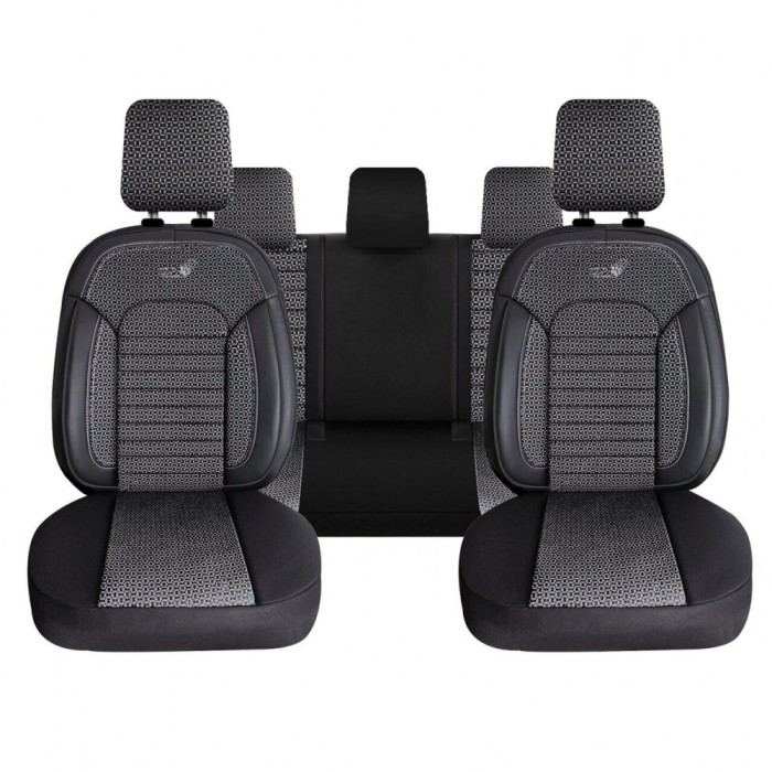 Set Huse Scaune Auto pentru Ssangyong Rexton - Panda Belek, material textil cu piele ecologica, cu fermoare pentru bancheta rabatabila, gri inchis cu