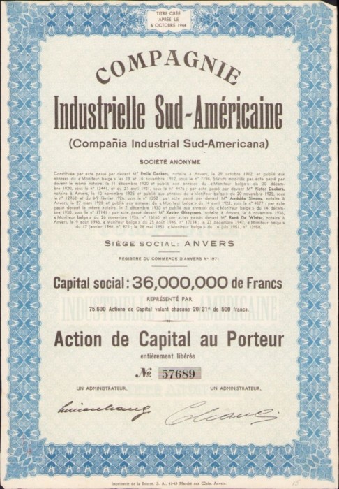 A642 Acțiune Compagnie Industrielle Sud-Americaine