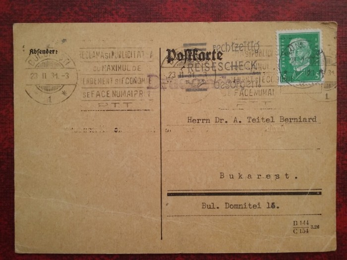 1931-C.P.circ-Munchen-Bucuresti-Antet publicit.PTT-RARA