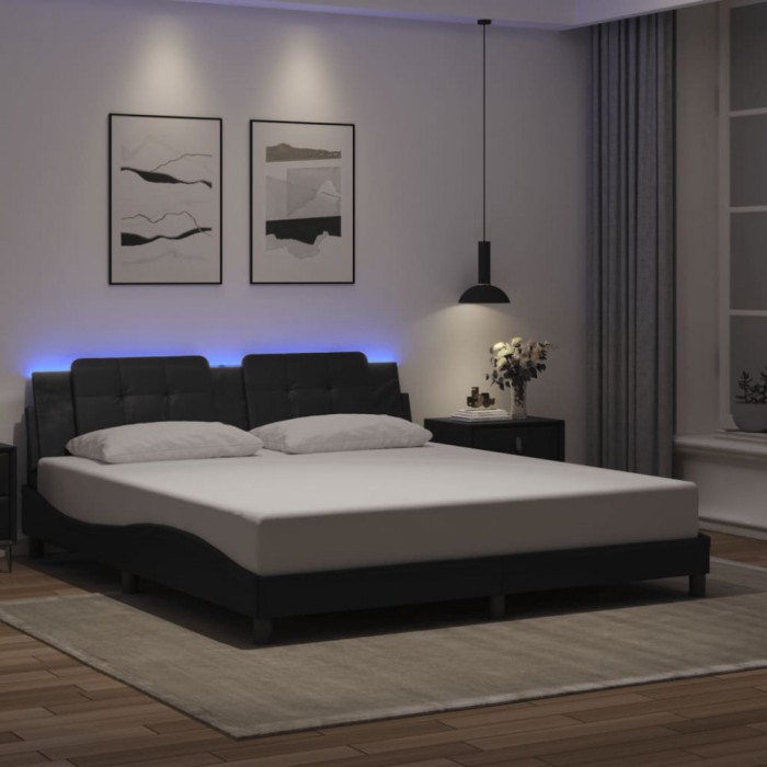 Cadru de pat cu lumini LED, negru, 180x200 cm, piele ecologică