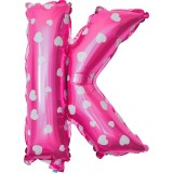 Balon folie metalizata litera k, flippy, 40 cm, cu imprimeu inimioare, umflati cu heliu sau aer, ambalaj individual, pai inclus, roz