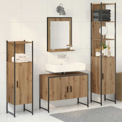 Set Mobilă Baie 4 Piese Stejar Lucrat Manual Lemn Prelucrat foto