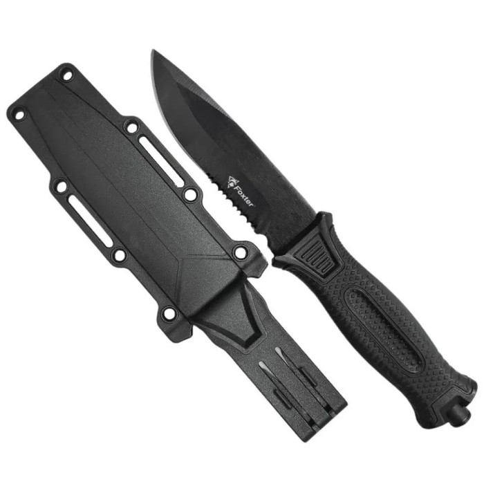 Cutit militar tactic Foxter, 25 cm, cu dispozitiv de spart geamuri, toc, negru