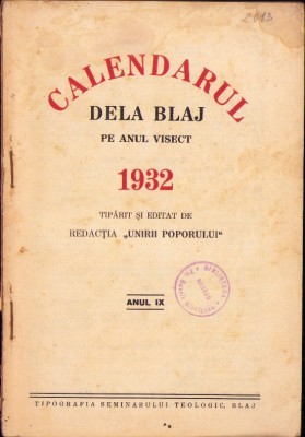 C5570N Calendarul dela Blaj pe anul visect 1932 foto