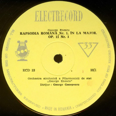 Disc Vinil 10# George Enescu - Rapsodiile Rom&amp;acirc;ne-Electrecord-ECD-23 foto