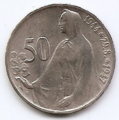 Cehoslovacia 50 Koruny 1947 - (comemorativa: Revolta din Slovacia) Argint, KM-24