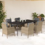 vidaXL Set de masă pentru grădină, 7 piese, cu perne, bej, poliratan