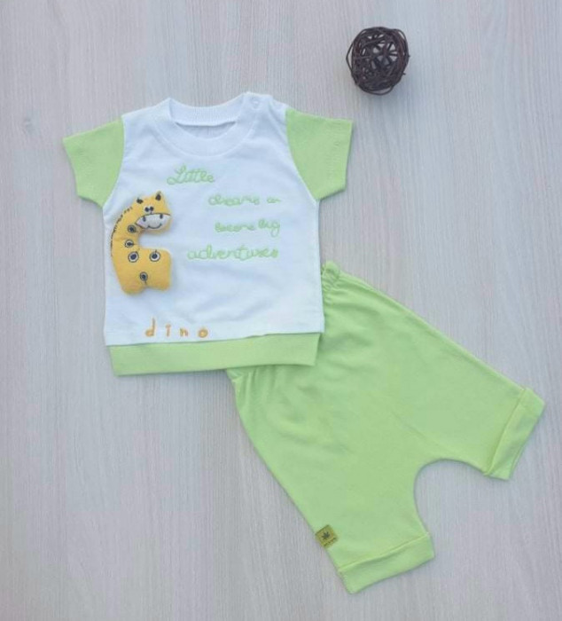 Compleu bebelusi tricou si pantaloni scurti dino verde bumbac 0-9 luni