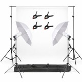 Set studio foto profesional cu fundal alb, 2 umbrele difuzie 87 cm, 2 becuri fluorescente 45W 5500K, suport fundal reglabil, 2 trepiede 200 cm, 4 clem