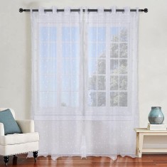 stan Perdele transparente cu pompon alb, cu ochiuri, perdele pentru fereastră cu ciucuri, draperii semi-voil Panou cu ochiuri L 55 x H 69 inch 2 panou foto