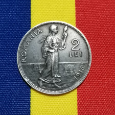 SV * Romania 2 LEI 1914 * ARGINT * Regele Carol I * patina + detalii frumoase !