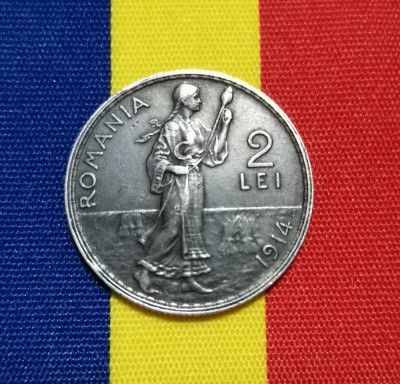 SV * Romania 2 LEI 1914 * ARGINT * Regele Carol I * patina + detalii frumoase ! foto