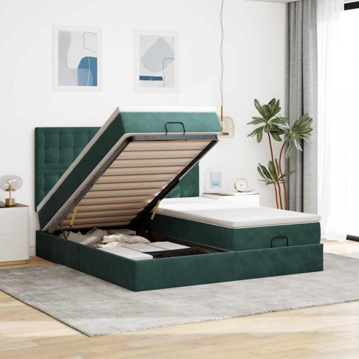 vidaXL Cadru de pat otoman cu saltele, catifea verde &icirc;nchis 180x200cm 3313811