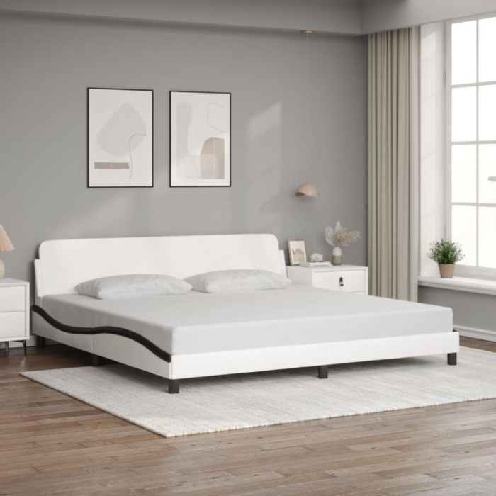 Cadru de pat cu tăblie alb și negru 200x200cm piele artificială