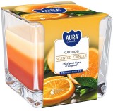 Lumanare parfumata AURA in pahar, tricolora, aroma portocala, 170 g, 32 ore ardere, recipient sticla