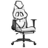 Cumpara ieftin Scaun de gaming cu suport picioare, alb/negru, piele ecologica