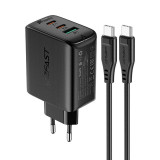 &Icirc;ncărcător Acefast 2 &icirc;n 1 2x USB Type C / USB 65W, PD, QC 3.0, AFC, FCP (set Cu Cablu) Negru (A13 Negru) A13 BLACK