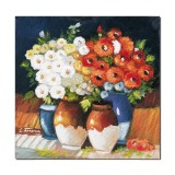 Tablou pictat manual, Aranjament cu anemone si maci, 40x40cm ulei pe panza, Constantin Feraru