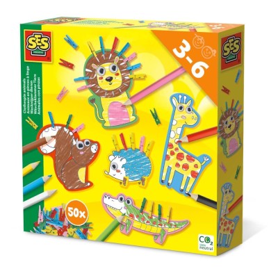 Set creativ de colorat Animale cu carlige, 8 creioane colorate, 50 mini carlige din lemn colorate,+3 ani foto