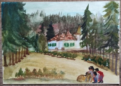 Peisaj de munte cu casa// acuarela nesemnata foto