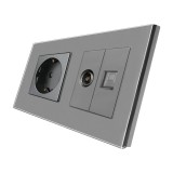 Priza schuko dubla - 1 x priza simpla + 1 x priza TV / internet Luxion LX-1MP010/26/25G-GY, incastrat, contact de protectie, rama de sticla inclusa, g