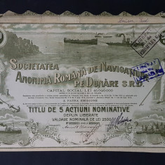 Actiune Societatea de navigatiune pe Dunare , titlu de 5 actiuni din 1921