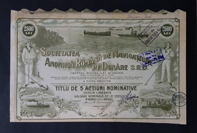 Actiune Societatea de navigatiune pe Dunare , titlu de 5 actiuni din 1921 foto