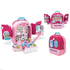 Set ghiozdan jucarie 3 in 1 Rovo 991 &ndash; Bucatarie si Apartament, 86 piese, Roz