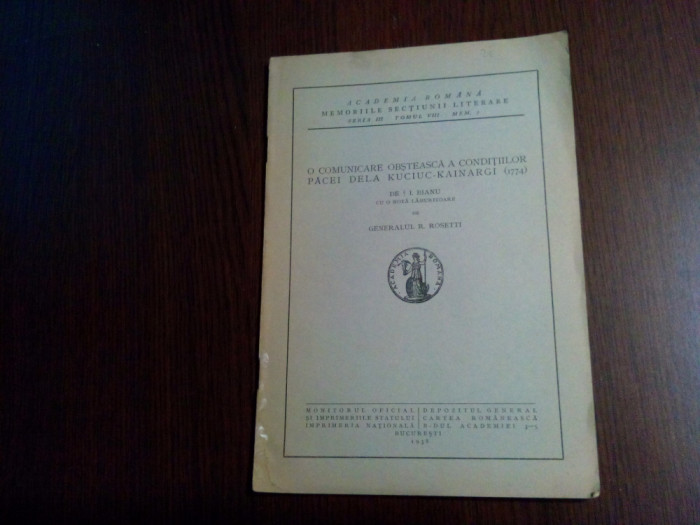 O COMUNICARE OBSTEASCA A CONDITIILOR PACEI DELA KUCIUC-KAINARGI - I. Bianu 1938