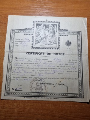 certificat de botez - din anul 1922 foto