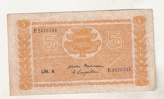 bnk bn Finlanda 5 markkaa 1945 Litt A circulata - P 76 Kekkonen Carpelan