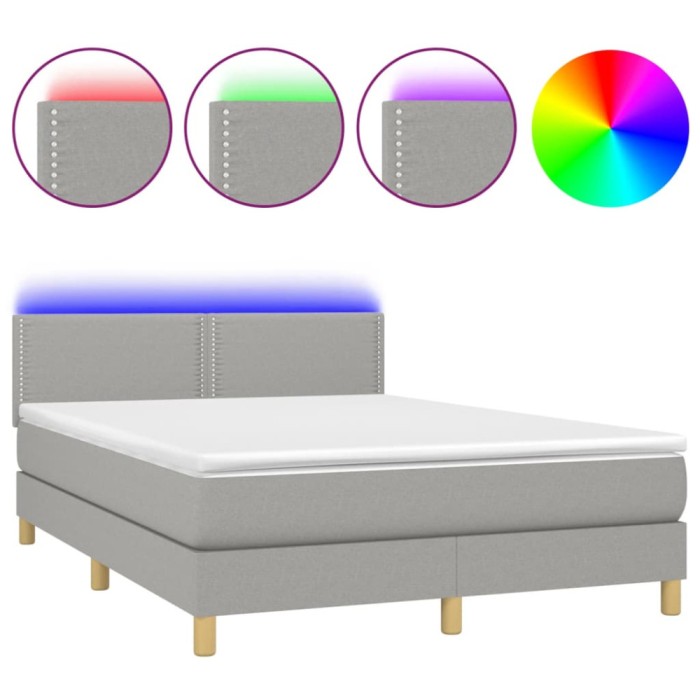 Pat cu arcuri, saltea si LED, gri deschis, 140x190 cm, textil