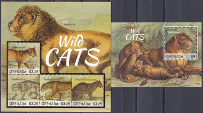 DB1 Fauna Grenada Leopard de Zapada Leu Jaguar Puma Pisica Pescar MS + SS MNH foto