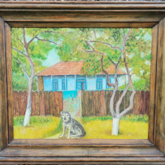 Tablou Arta naiva Casa taraneasca cu catel, pictura înrămata 44x52cm