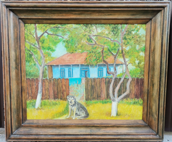 Tablou Arta naiva Casa taraneasca cu catel, pictura &icirc;nrămata 44x52cm