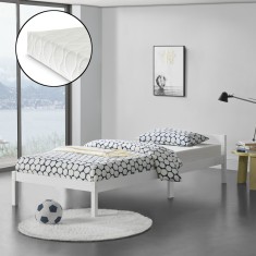 [en.casa]&reg; Pat rama lemn Nakkila 120W, 120 x 200 cm, lemn brad/spuma rece, dublu, 150 Kg, alb mat, cu saltea si gratar pat HausGarden Leisure