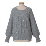 Pulover tricotat gri cu model impletit si paiete