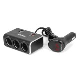 Distribuitor priza bricheta auto cu incarcator 2x USB-A QC3.0, 3 prize, afisaj digital, 12/24V, 120W, cablu 80 cm, AMiO 04364