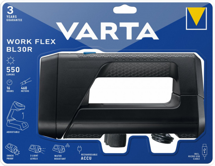 Lanterna Led Reincarcabila Varta Work Flex Bl30r, 550lm, 3 Moduri Iluminare, Indicator Baterie, Ipx4