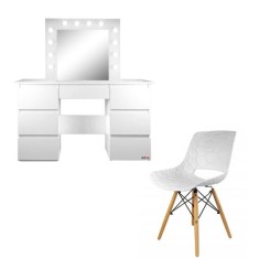 Masa de toaleta/machiaj + scaun Lars, alba, cu oglinda si LED-uri, Vanessa, 130x43x143 cm foto