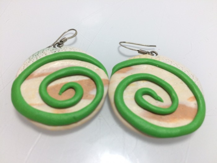 Cercei Fimo , verde cu alb, material Fimo, Hand Made